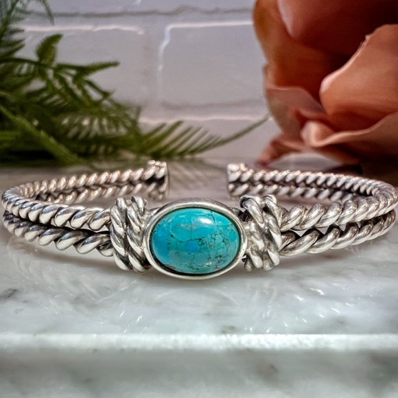 Estate Jewelry - Vintage Handmade Genuine Turquoise Double Cable Cuff Bracelet Solid 925 Sterling